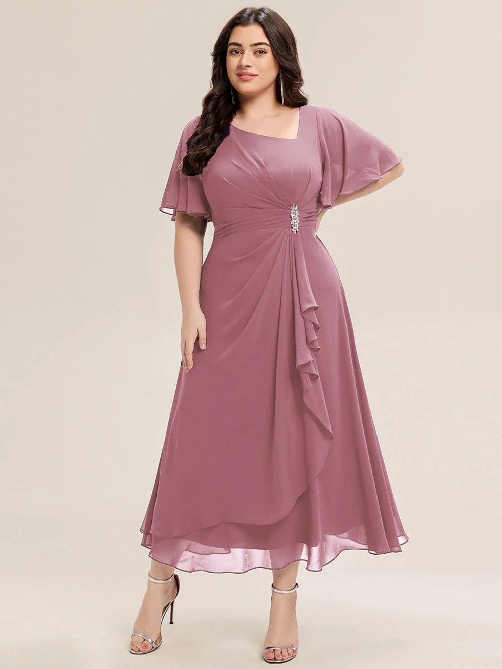 🆕 Plus Size Chiffon Ruffle Sleeve Formal Dress